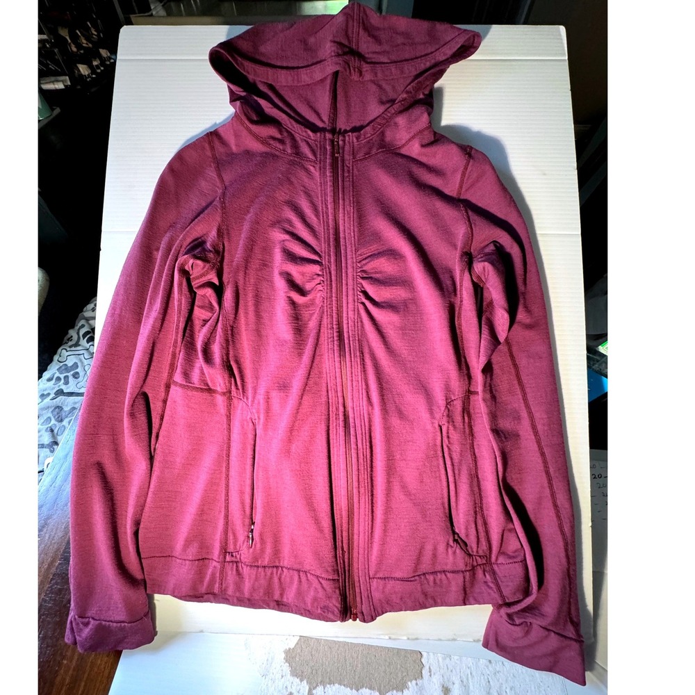 REI Womens Plum Purple 100% Merino Wool Full Zip Ruched Hoodie Jacket Small